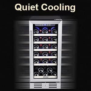24 inch Wine Cooler, 46 Bottle - Dual Zone Built-in or Freestanding Fridge with Stainless Steel Reversible Glass Door, for Home, Kitchen, or Office.