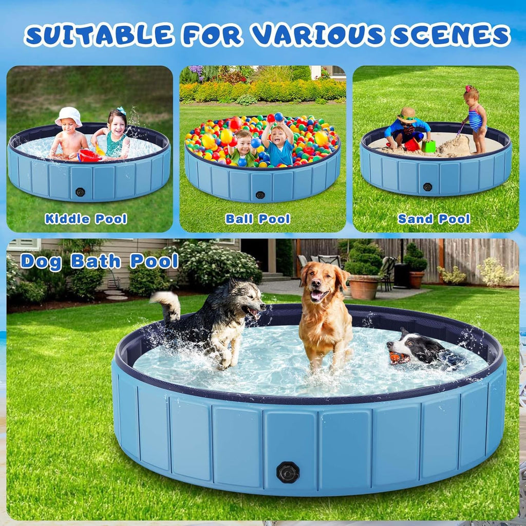 Foldable Dog Swimming Pool, 120x20 Oversize Collapsable Hard Plastic Potable Bathing Tub for Pet Dog Kiddie Pool Indoor and Outdoor Leakproof PVC Play Pool for Large Dogs Pets Puppy Kids Blue