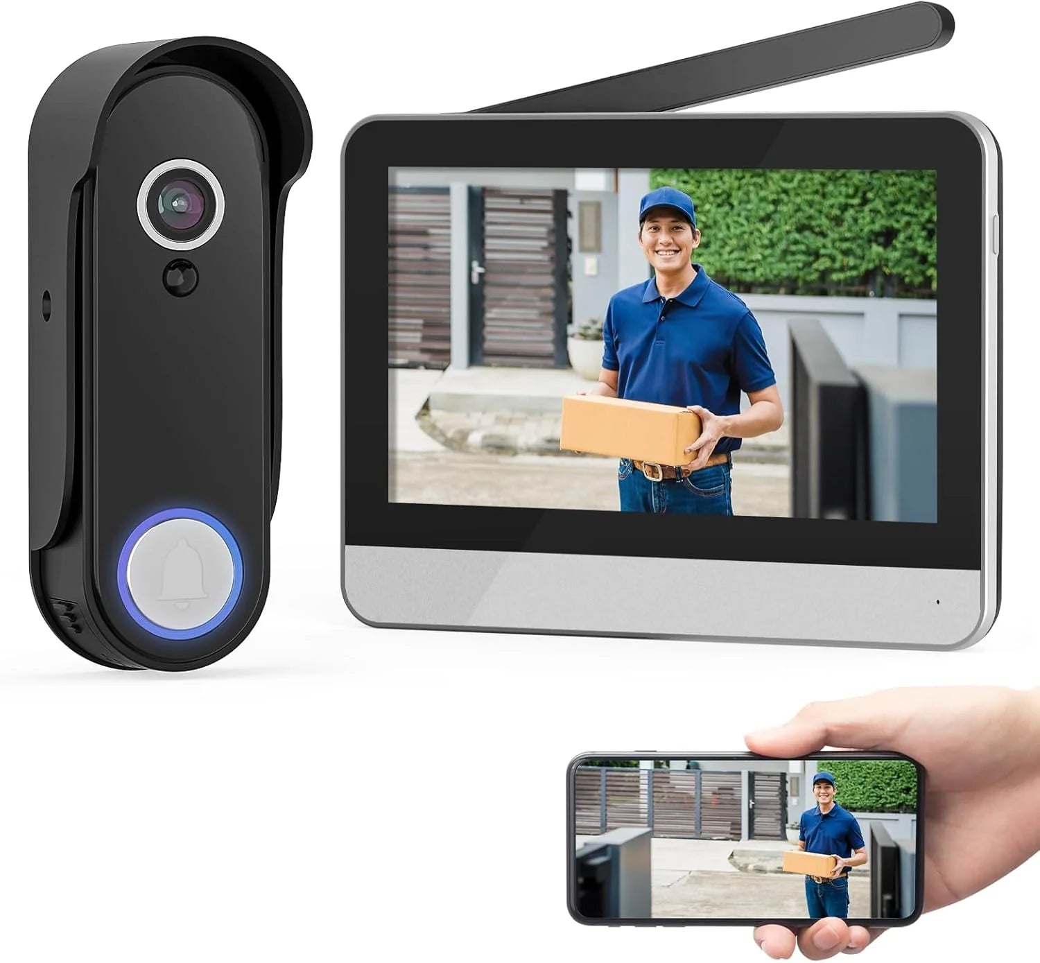 Wireless Smart Video Doorbell System, 7 Display, 1080P, No Subscription