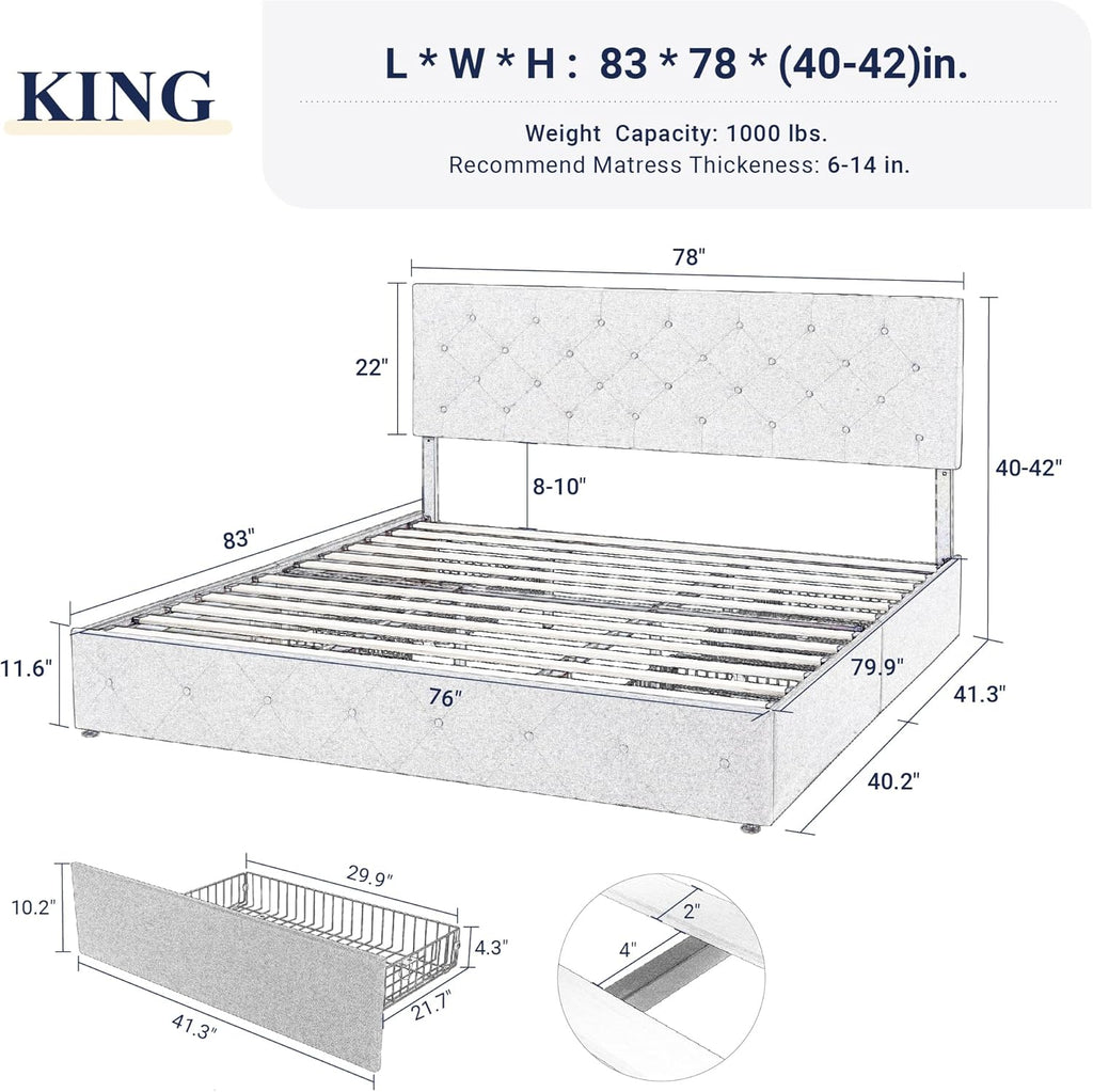 Allewie Upholstered Queen Size Platform Bed Frame with 4 Storage Drawers and Headboard, Square Stitched Button Tufted, Mattress Foundation with Wooden Slats Support, No Box Spring Needed, Light Grey
