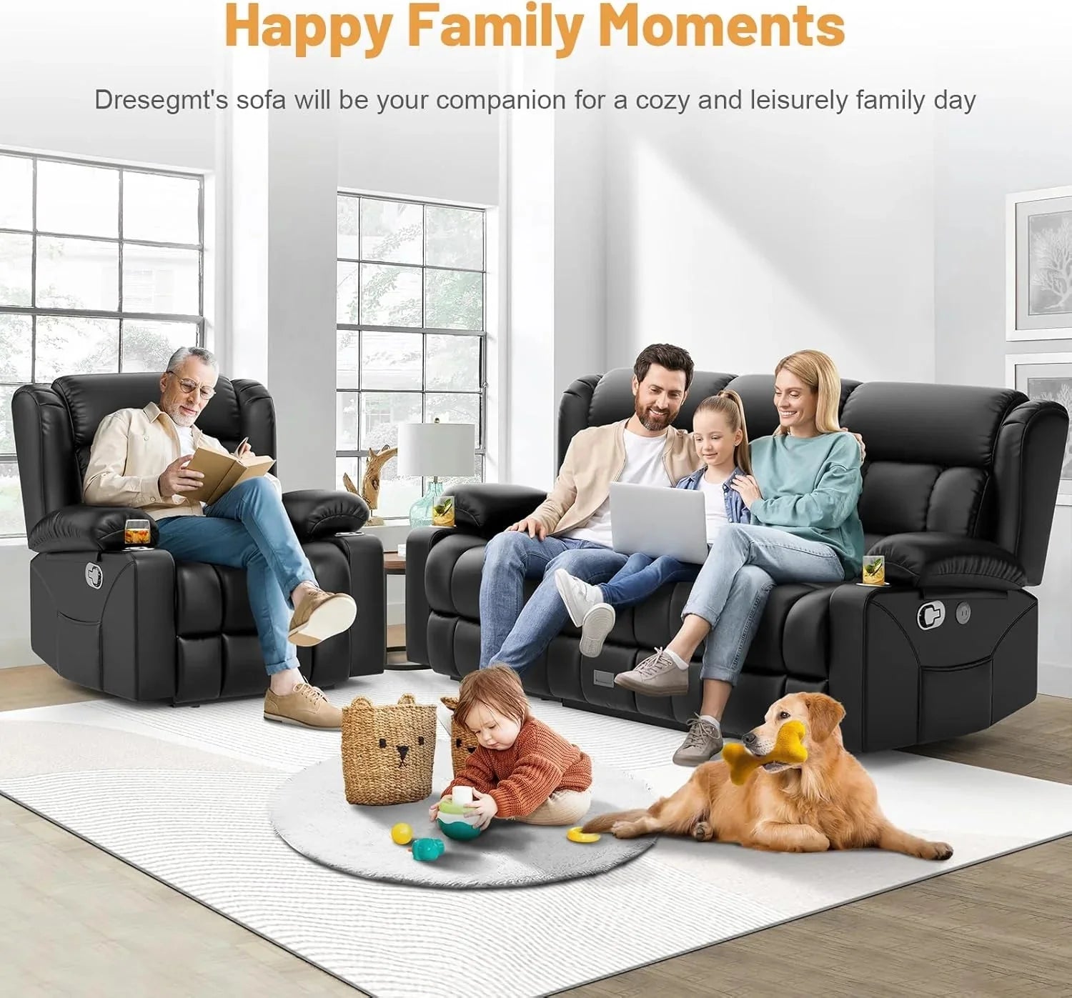 3 Seat Reclining Sofa with Storage Drawer USB Ports & Cup Holders Manual Couch