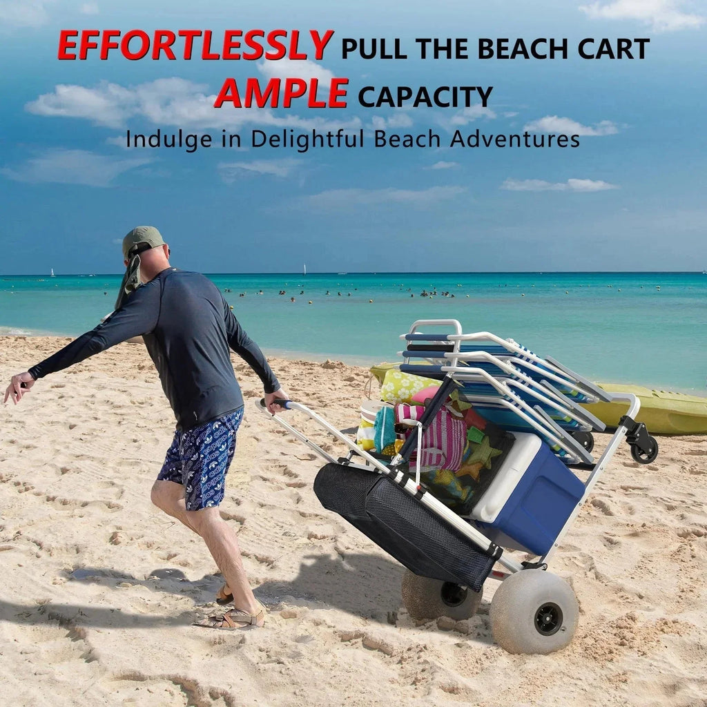 GDLF Foldable Beach Cart with Adjustable Handle and 12 Balloon Wheels, Heavy Duty Aluminum 220LBS Capacity