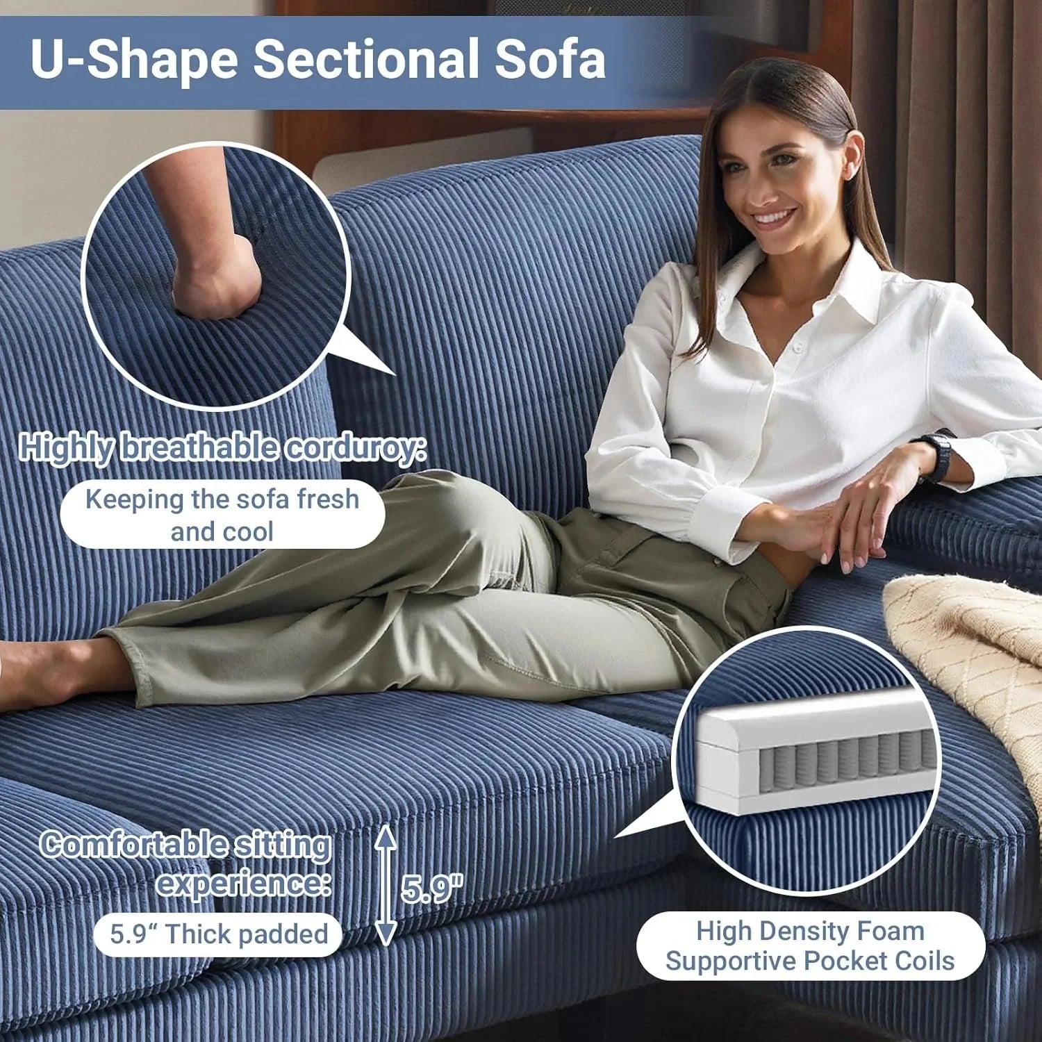 VINGLI 110 Sectional Couches for Living Room,U Shaped Couch with Double Chaise, 4-Seat Sofa Set with Chenille Fabric for Home Furniture,Beige