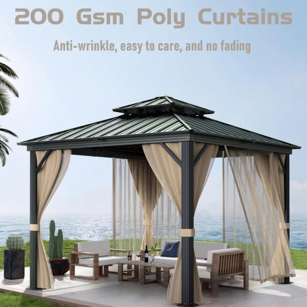 10'x10′ Hardtop Gazebo with double metal roof, aluminum frame, net, and curtain. All-weather, ideal for patio, deck, garden, backyard. Khaki.