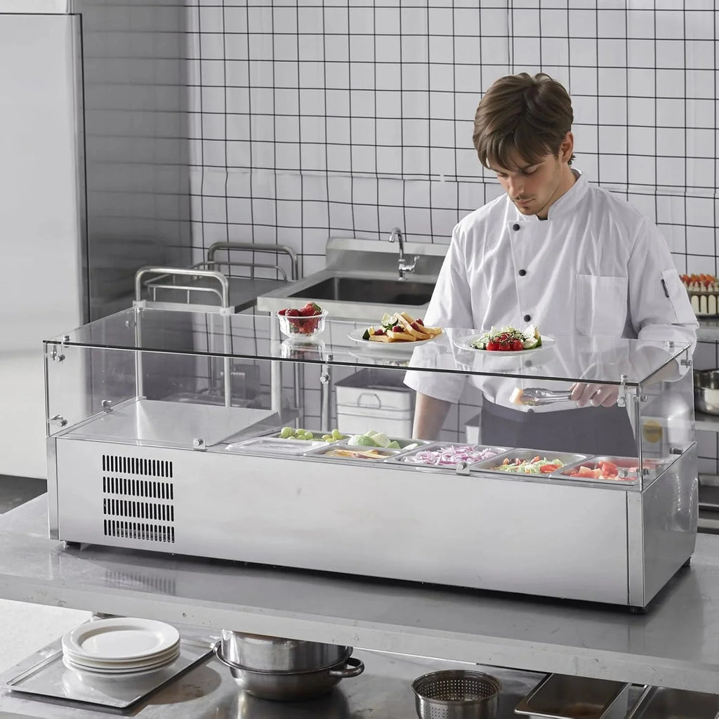 Refrigerated Condiment Prep Station, 135 W Countertop Refrigerated Condiment Station, with 2 1/3 Pans & 4 1/6 Pans, 304 Stainless Body and PC Lid, Sandwich Prep Table with Stainless Guard, ETL