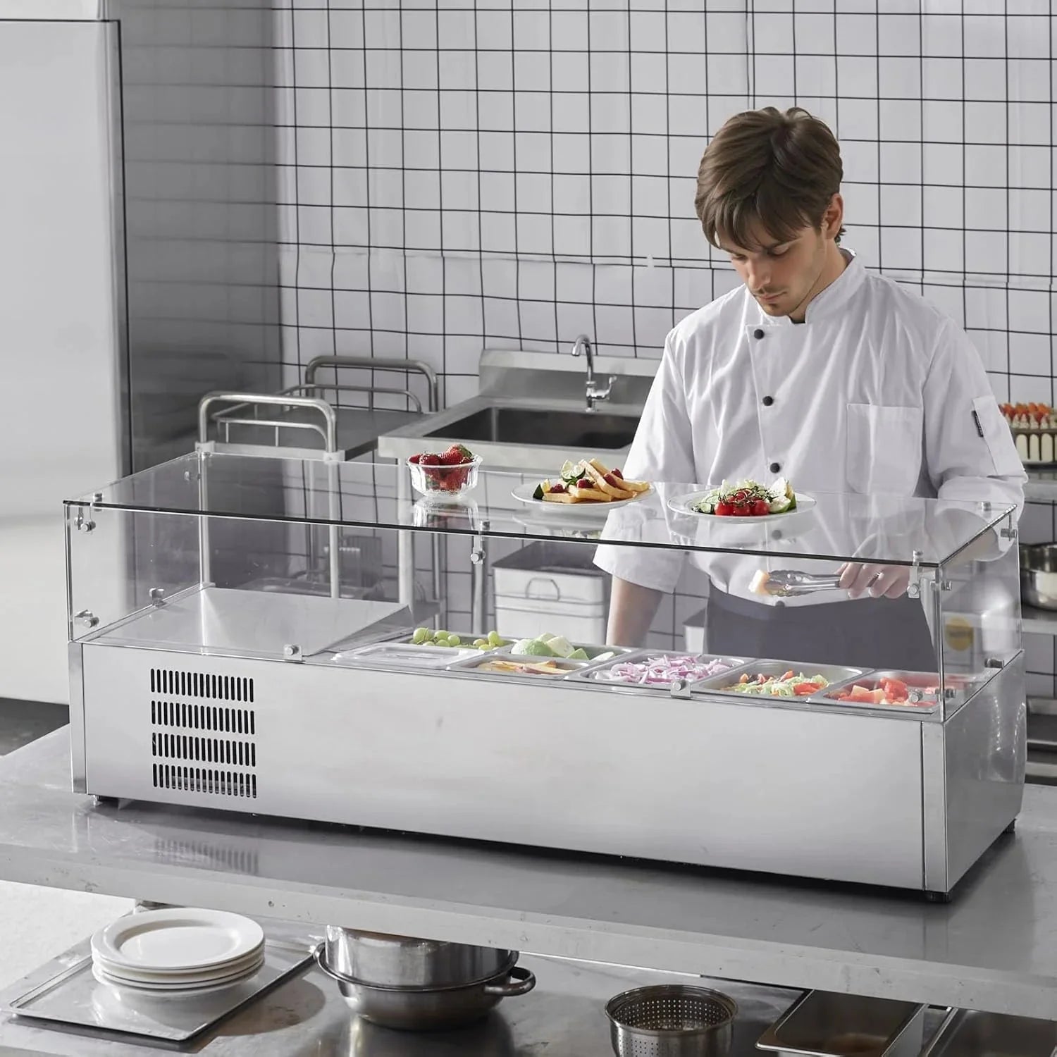 Refrigerated Condiment Prep Station, 135 W Countertop Refrigerated Condiment Station, with 2 1/3 Pans & 4 1/6 Pans, 304 Stainless Body and PC Lid, Sandwich Prep Table with Stainless Guard, ETL