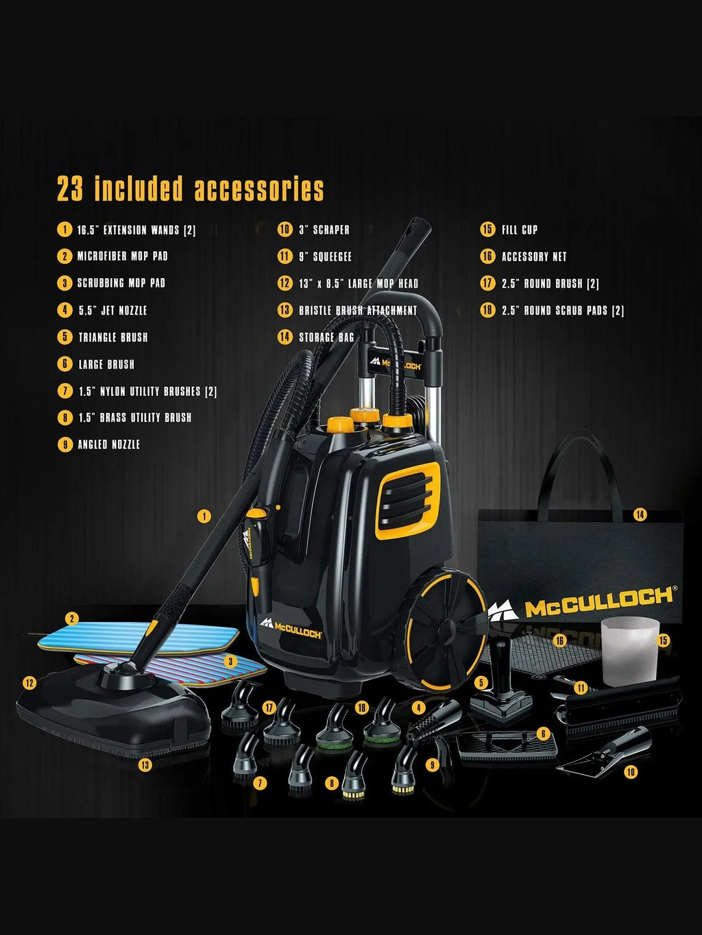 McCulloch MC1375 Canister Steam Cleaner with 20 Accessories, Extra Long Power Cord, Chemical Free Cleaning for Most Floors, Counters, Appliances, Windows, Autos, and More, 1 (Pack), Black