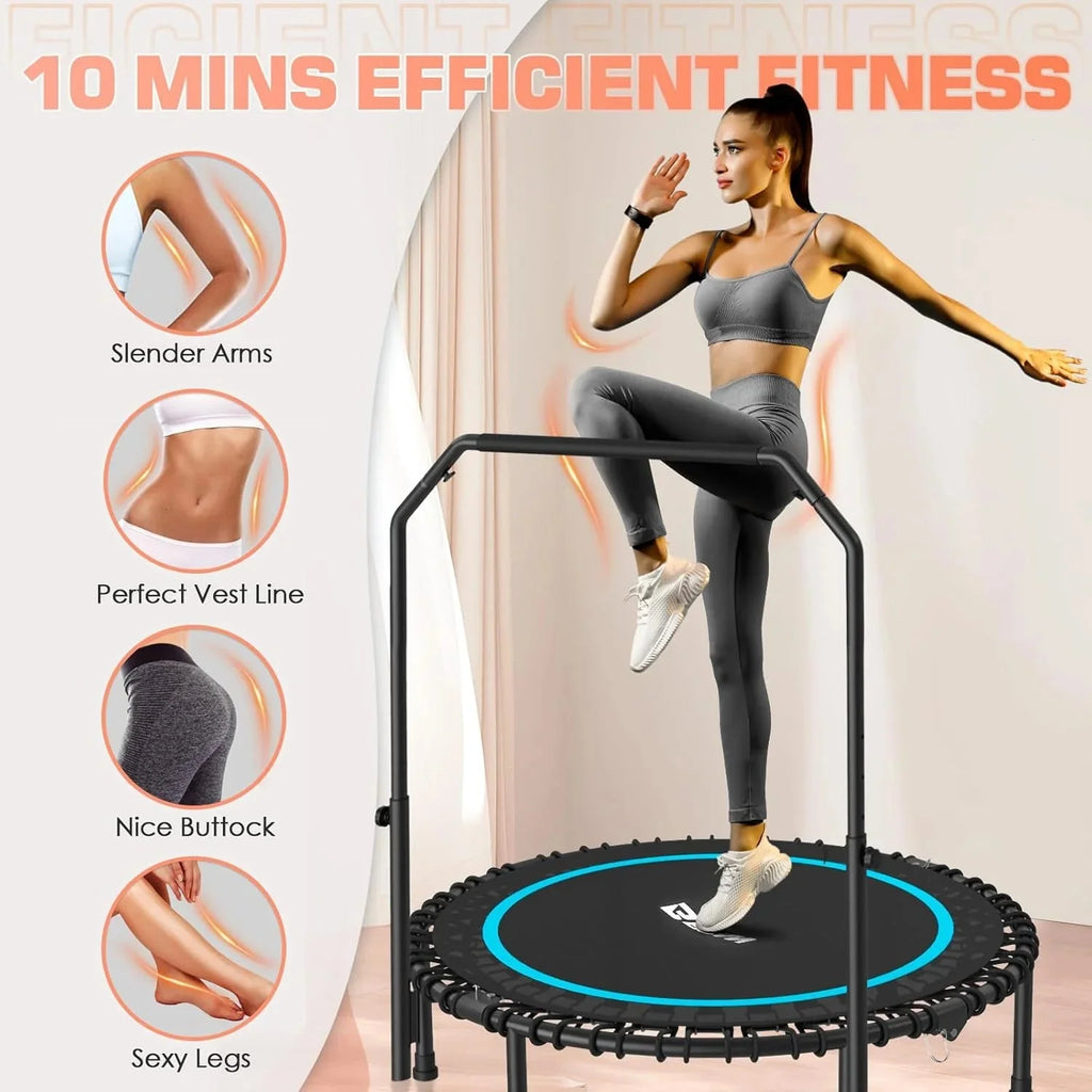 BCAN 450/550 LBS Foldable Mini Trampoline, 40/48 Fitness Trampoline with Bungees, U Shape Adjustable Foam Handle, Stable & Quiet Exercise Rebounder for Adults Indoor/Outdoor Workout