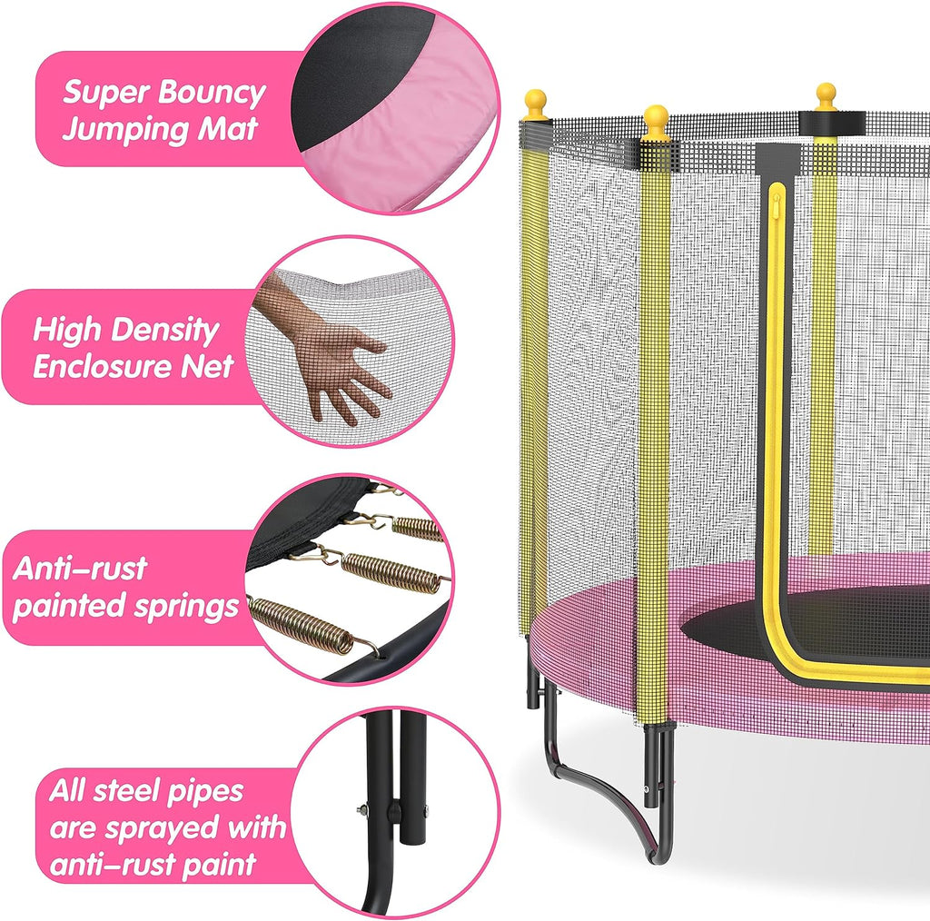 60 Kids Trampoline with Safety Enclosure Net, 5FT Toddler Indoor & Outdoor Trampoline/w Basketball Hoop - Parent-Child Interactive Game Fitness Trampoline Toy Gift for Boys and Girls Age 1-8