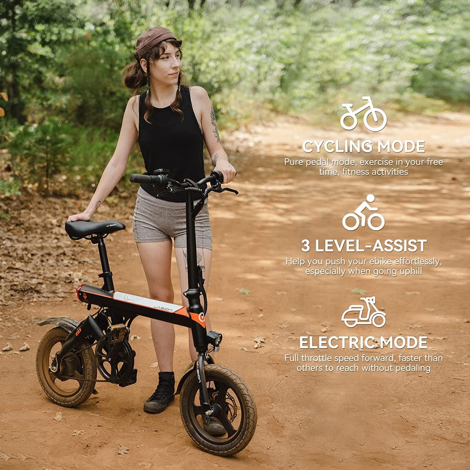 Jasion EB3 Electric Bike Adults 21mph, 500W Peak Motor, 270Wh Battery, Rear Suspension, 3 Levels Assist, 14′′ Folding Ebike for Adults and Teens, Complies to UL2849