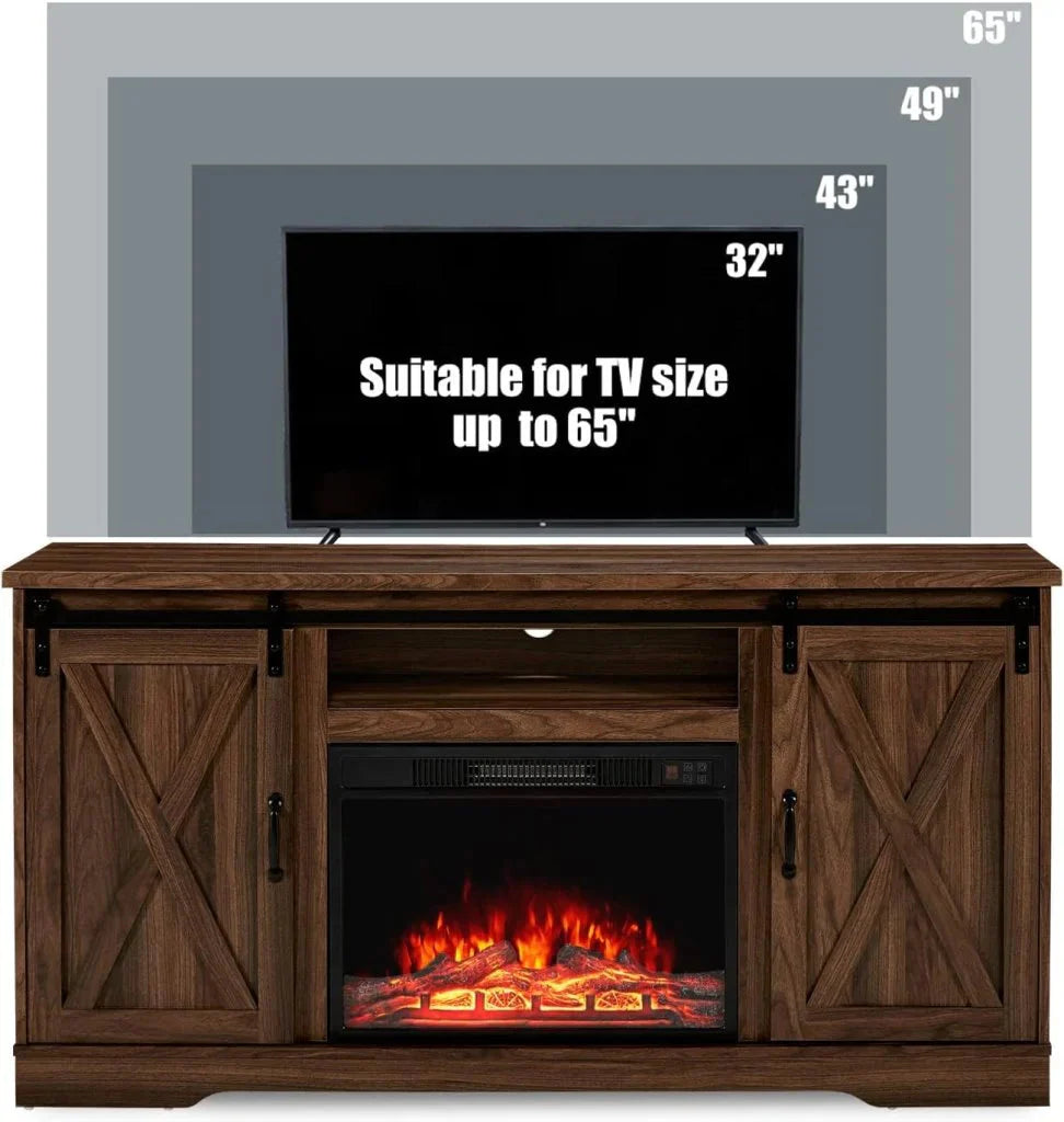 AMERLIFE Fireplace TV Stand with Sliding Barn Door for TVs up to 73, Farmhouse 63 Fireplace Entertainment Center with Storage Cabinets/Adjustable Shelves