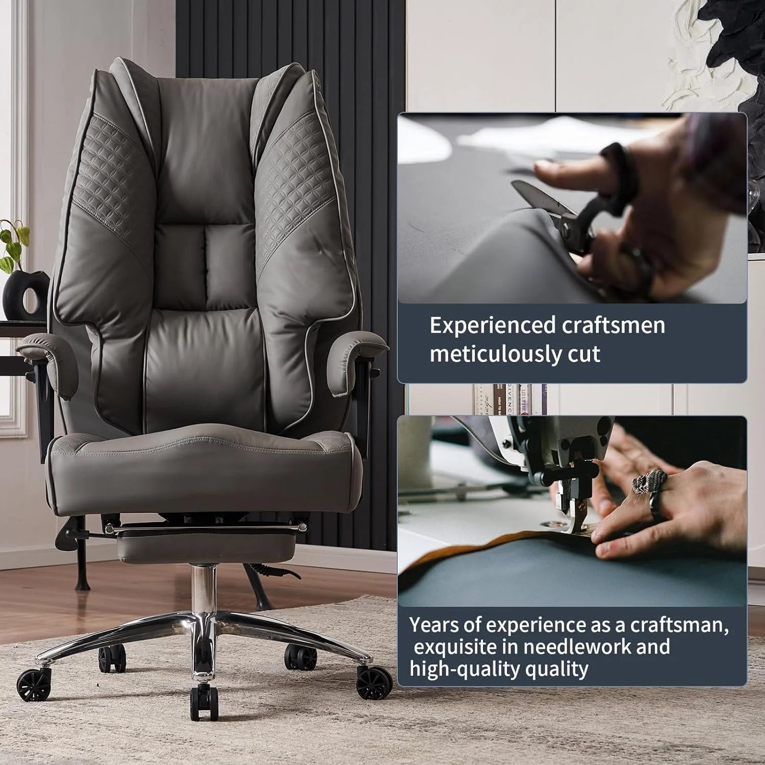 Large Tall Office Chair 400 lbs Wide Seat, Leather High Back Executive Office Chair with Footrest, Ergonomic Office Chair Lumbar Support to Relieve Lower Back Pain (Beige)