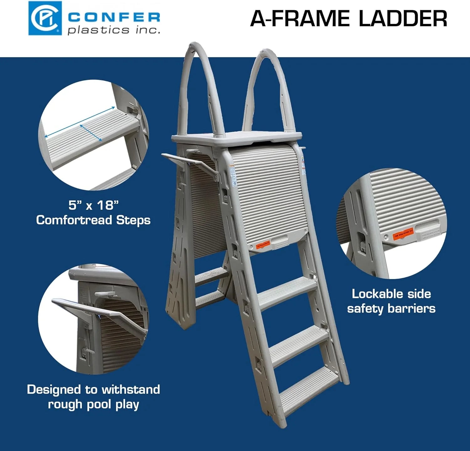 Confer Plastics 7200 Roll Guard 48 to 56 Adjustable A Frame Safety Ladder For Above Ground Outdoor Patio Swimming Pool Platform Ladder with Step Barrier, Warm Grey
