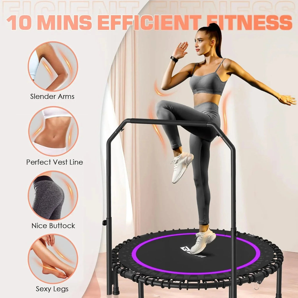 BCAN 450/550 LBS Foldable Mini Trampoline, 40/48 Fitness Trampoline with Bungees, U Shape Adjustable Foam Handle, Stable & Quiet Exercise Rebounder for Adults Indoor/Outdoor Workout