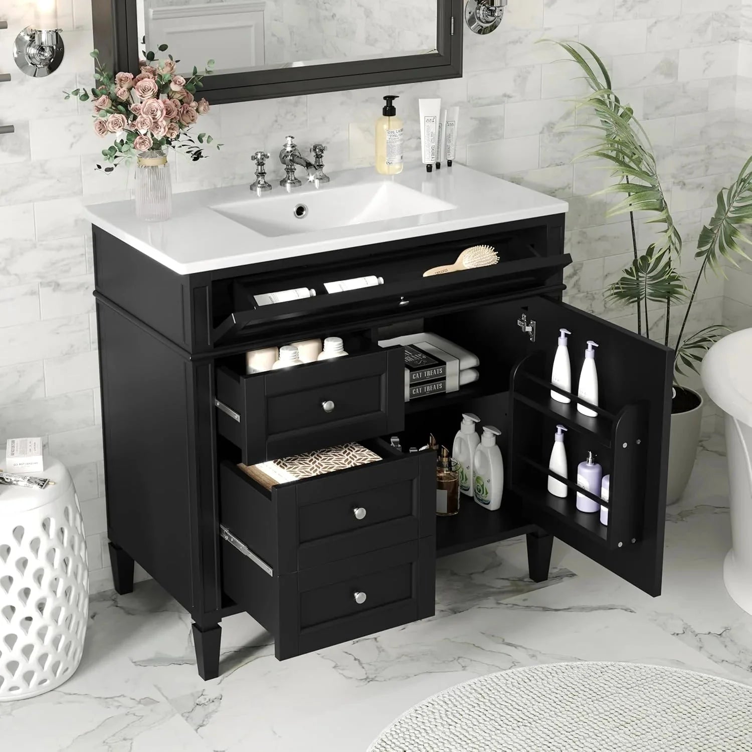 36 Bathroom Vanity with Single Sink Combo, Modern Undermount Bathroom Sink Cabinet with 2 Drawers and a Tip-Out Drawer, Freestanding Bathroom Vanities, Soft Closing, Solid Wood Frame
