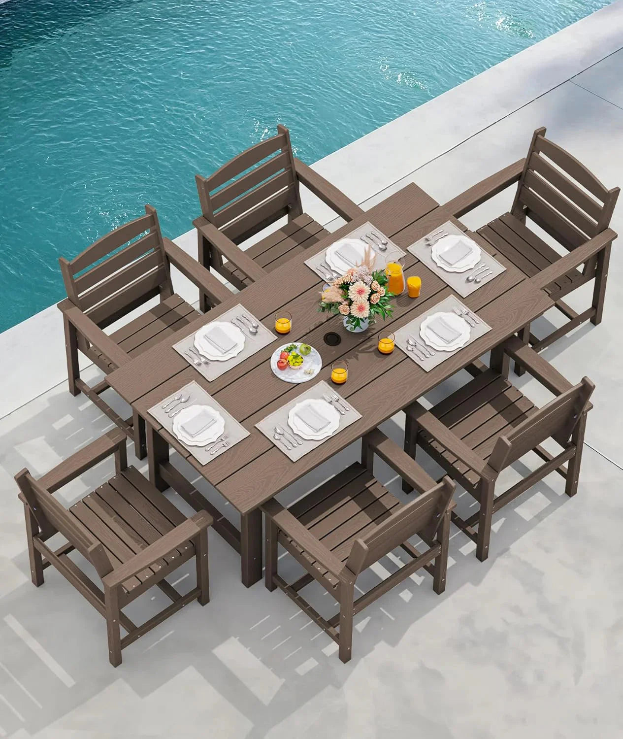 SERWALL 7-Piece Patio Table Set, Outdoor HDPE Dining Furniture with Umbrella Hole, All Weather Table and Chairs for Lawn, Garden, Poolside, Aruba
