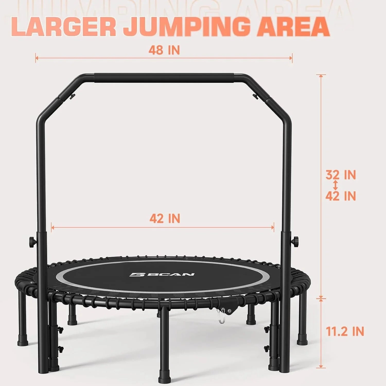 BCAN 450/550 LBS Foldable Mini Trampoline, 40/48 Fitness Trampoline with Bungees, U Shape Adjustable Foam Handle, Stable & Quiet Exercise Rebounder for Adults Indoor/Outdoor Workout