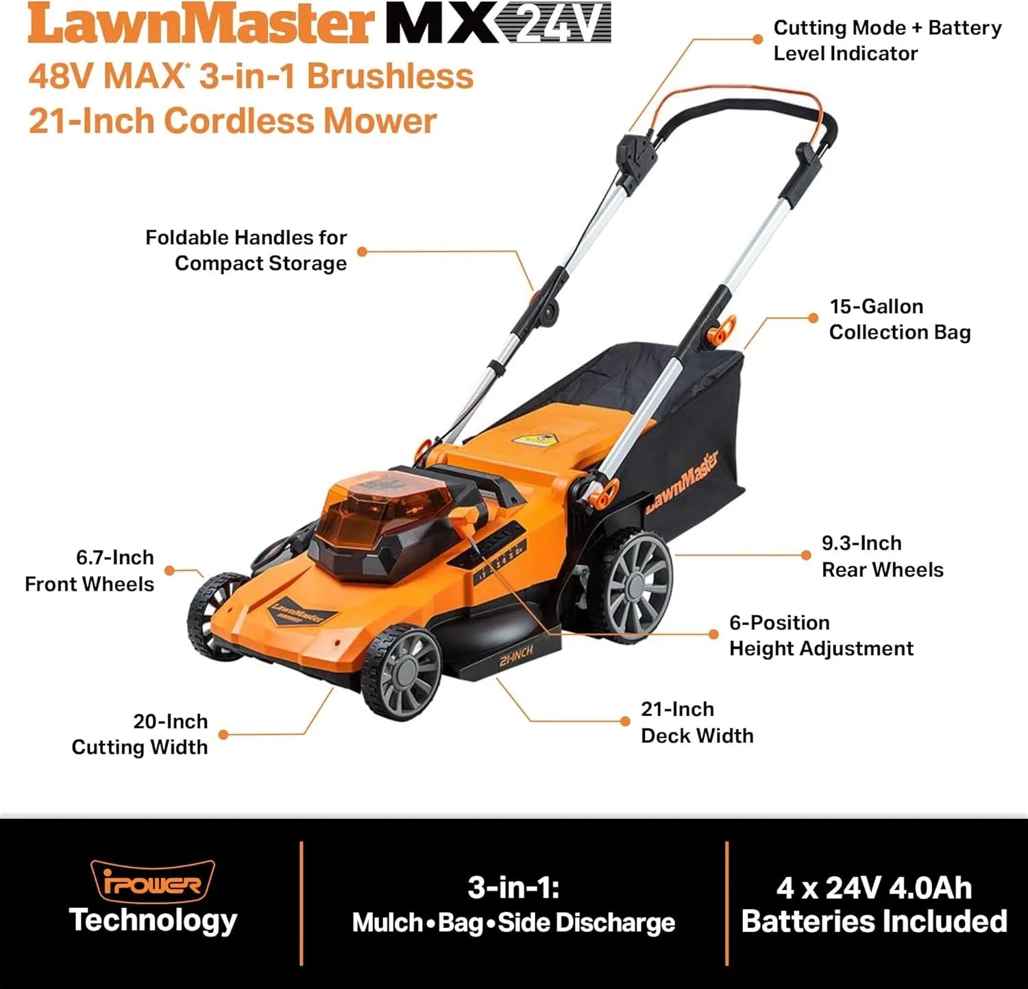 LawnMaster Cordless 13-Inch Lawn Mower 24V Max with 2X4.0Ah Battery and a Charger