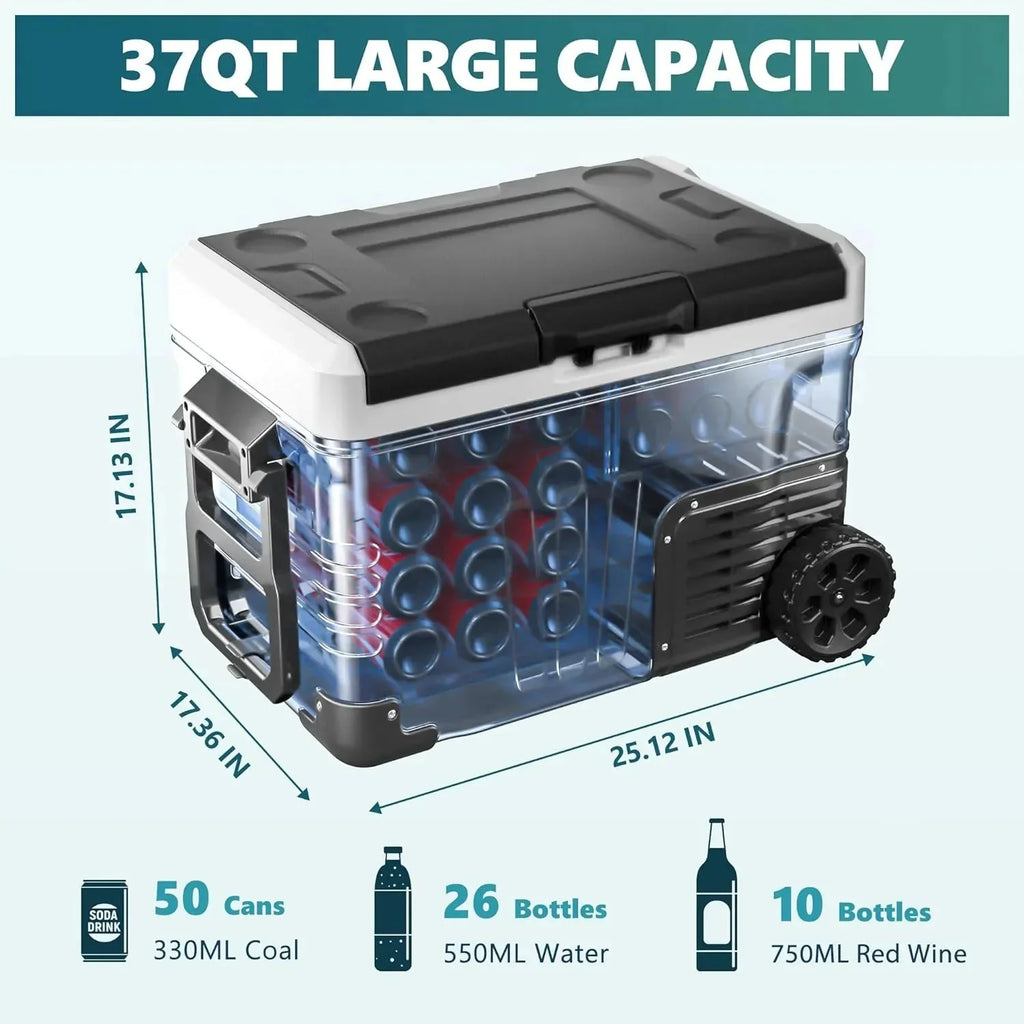 12 Volt Refrigerator, 53QT(50L) Electric Cooler, Portable Freezer 12V/24V DC 110-240V AC, 12V Fridge -4 ~68 , 12V Cooler with Wheels & 2 Baskets for Travel, Truck, Boat, Camping