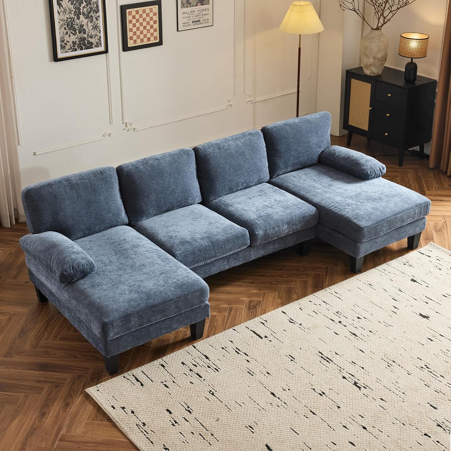 VINGLI 110 Sectional Couches for Living Room,U Shaped Couch with Double Chaise, 4-Seat Sofa Set with Chenille Fabric for Home Furniture,Beige