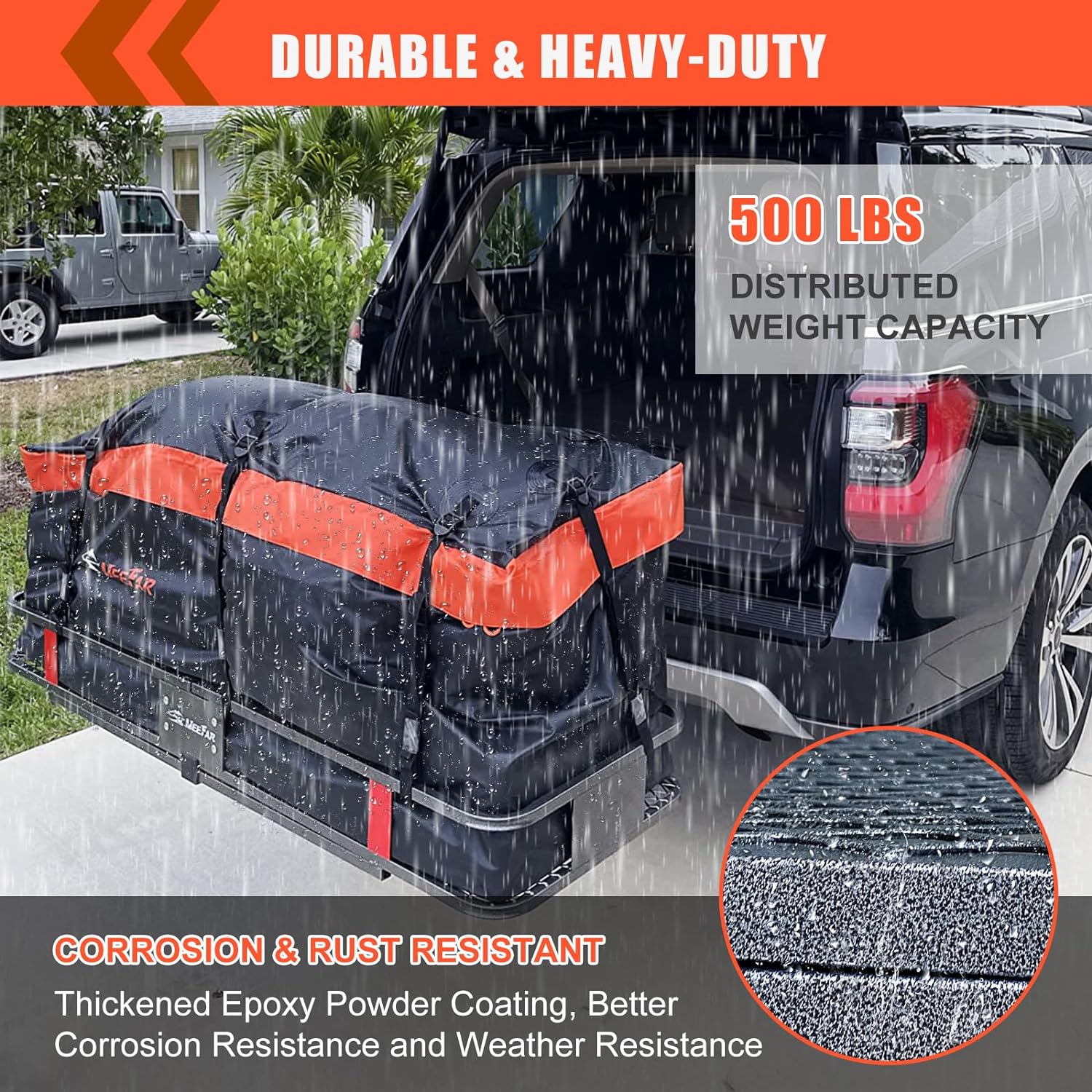 Folding hitch mounted cargo basket 60 With hook stabilizer, net and straps
