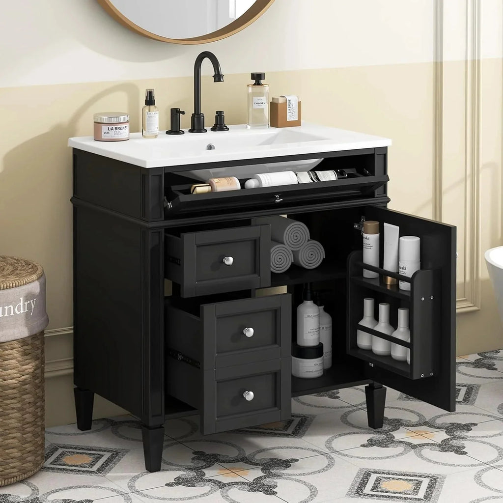 36 Bathroom Vanity with Single Sink Combo, Modern Undermount Bathroom Sink Cabinet with 2 Drawers and a Tip-Out Drawer, Freestanding Bathroom Vanities, Soft Closing, Solid Wood Frame