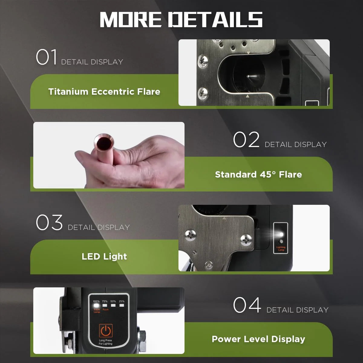 Electric Flaring Tool Kit, 1/4 - 3/4 Copper Flaring Tool Flare Gauge, 5 SAE Sizes Clamps 45° Eccentric Type Flare 2200 mAh