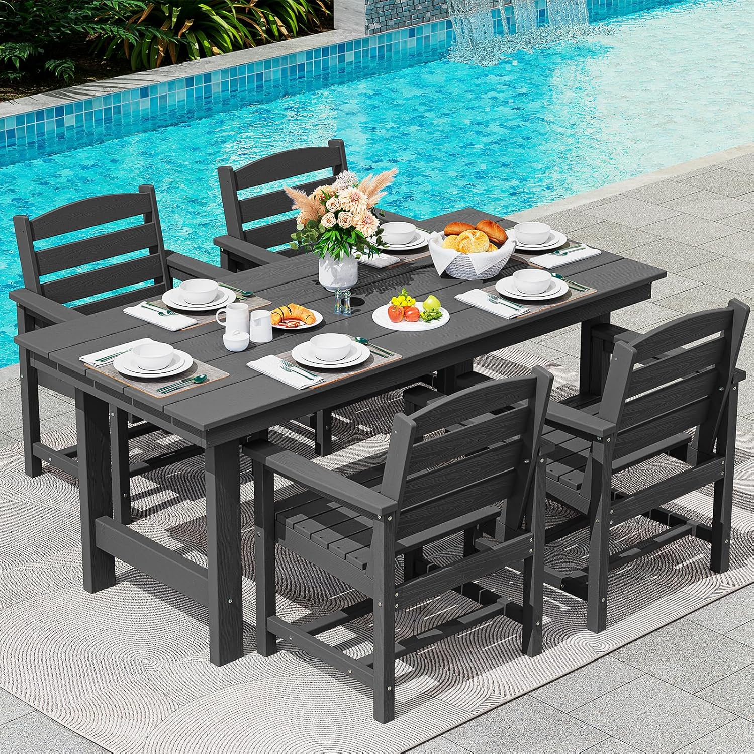 SERWALL 7-Piece Patio Table Set, Outdoor HDPE Dining Furniture with Umbrella Hole, All Weather Table and Chairs for Lawn, Garden, Poolside, Aruba