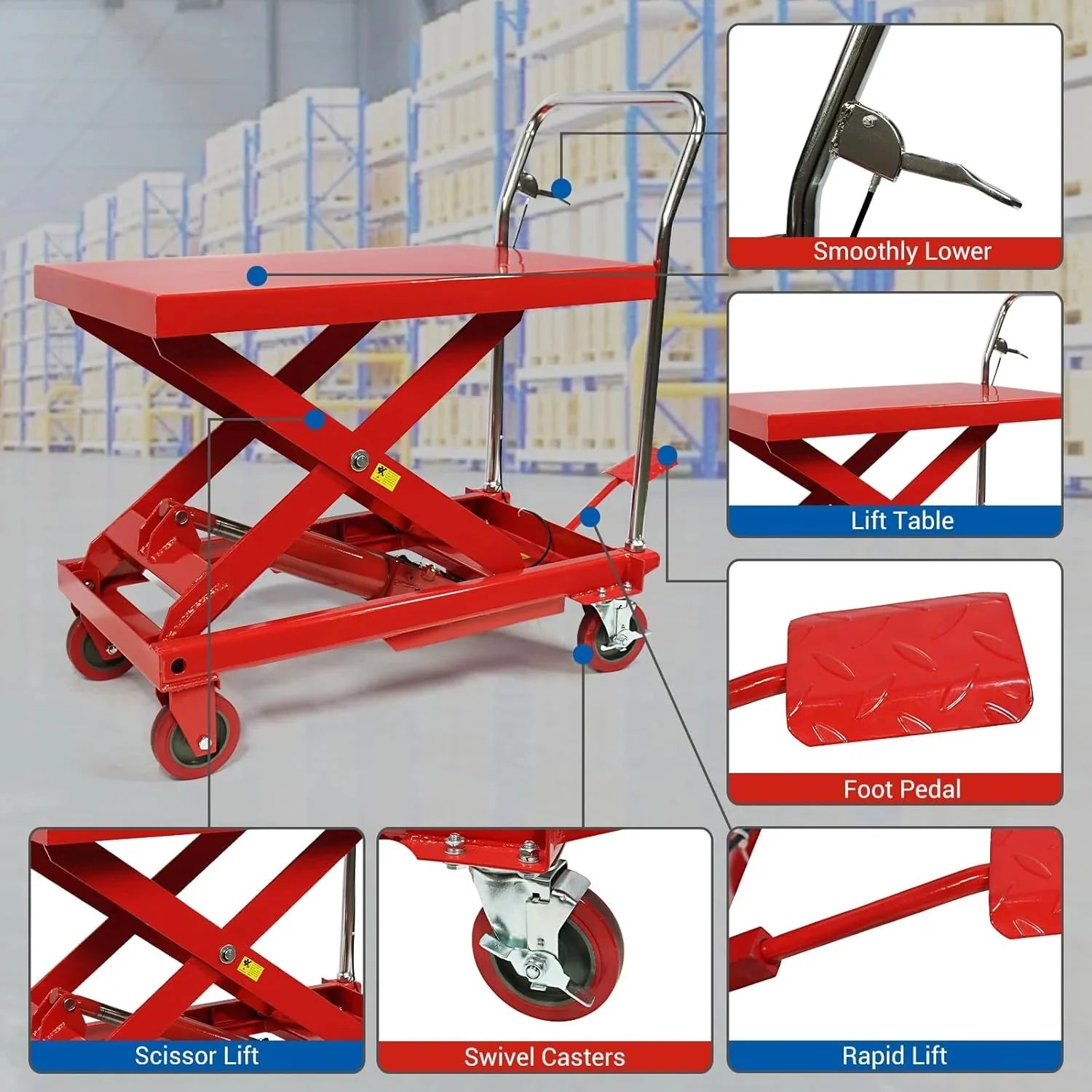 500LBS Hydraulic Lift Table Cart, 30 Lifting Height., Double Scissor Lift Table with 4 Wheels and Non-Slip Pad, Hydraulic Scissor Lift Table for Material Handling and Transportation