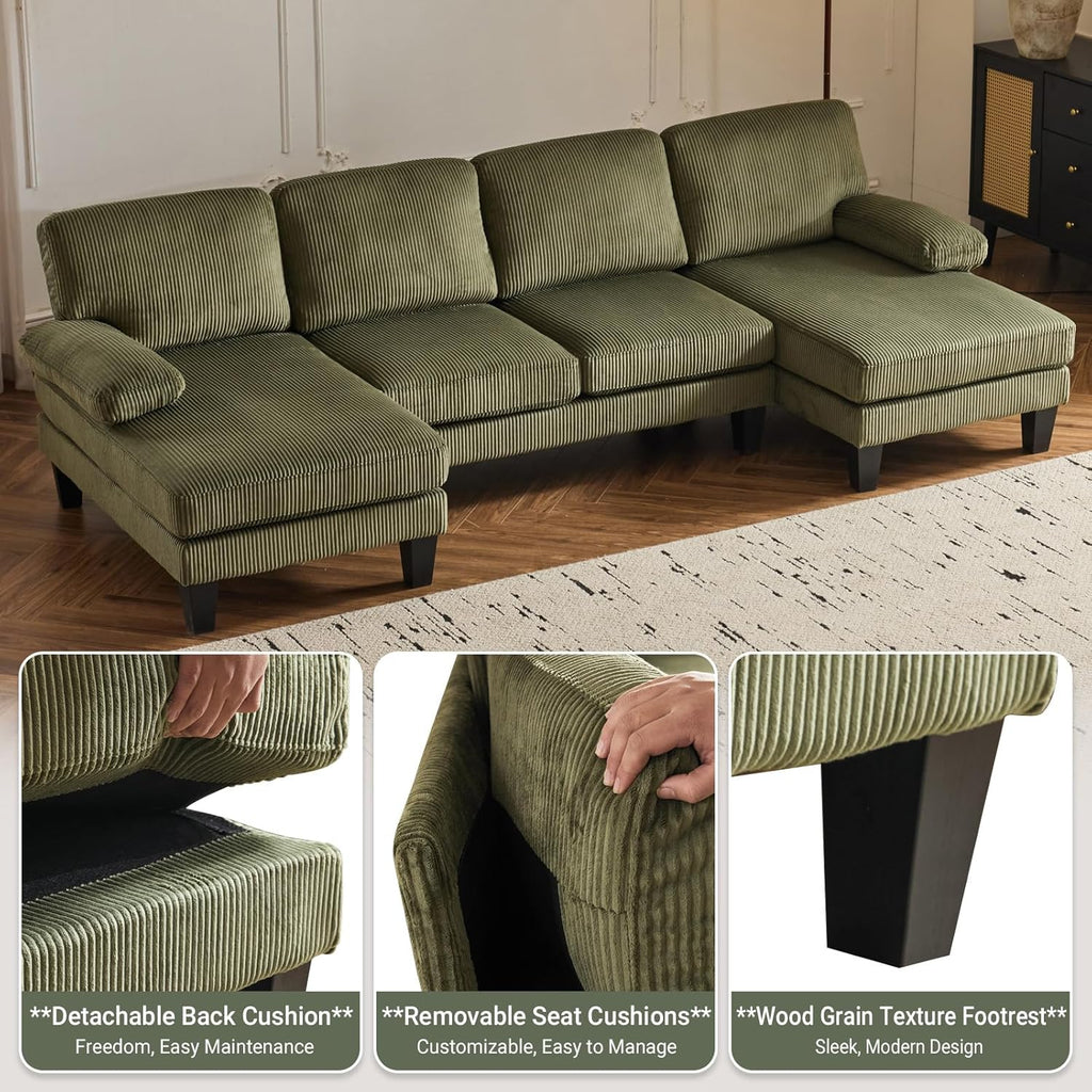VINGLI 110 Sectional Couches for Living Room,U Shaped Couch with Double Chaise, 4-Seat Sofa Set with Chenille Fabric for Home Furniture,Beige