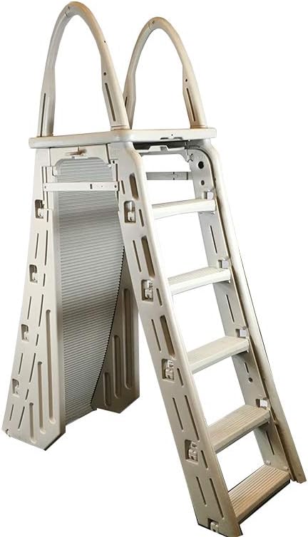 Confer Plastics 7200 Roll Guard 48 to 56 Adjustable A Frame Safety Ladder For Above Ground Outdoor Patio Swimming Pool Platform Ladder with Step Barrier, Warm Grey