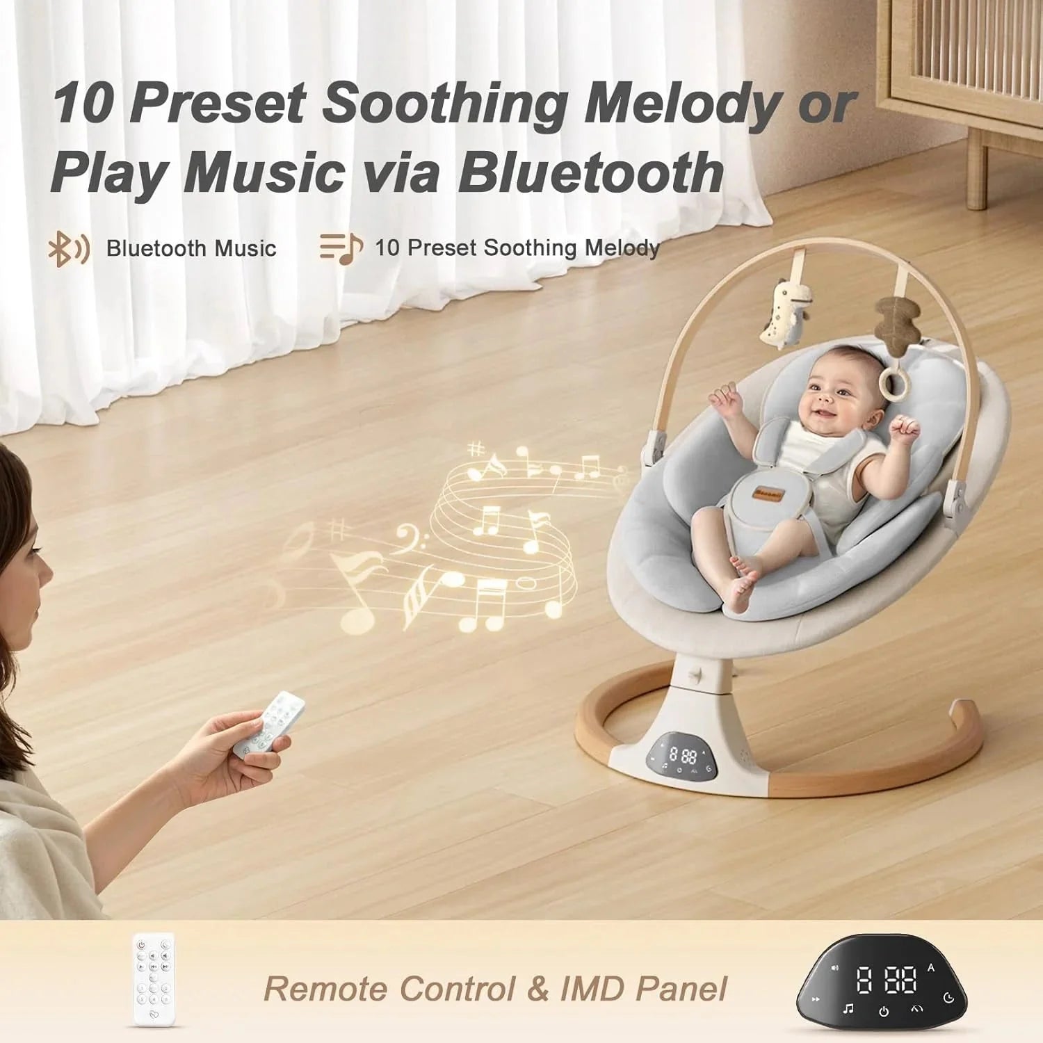 Baby Swings for Infants, Monamii Baby Swing, Bluetooth Infant Swing with Music Speaker, 5 Speeds and Remote Control, Indoor & Outdoor Use