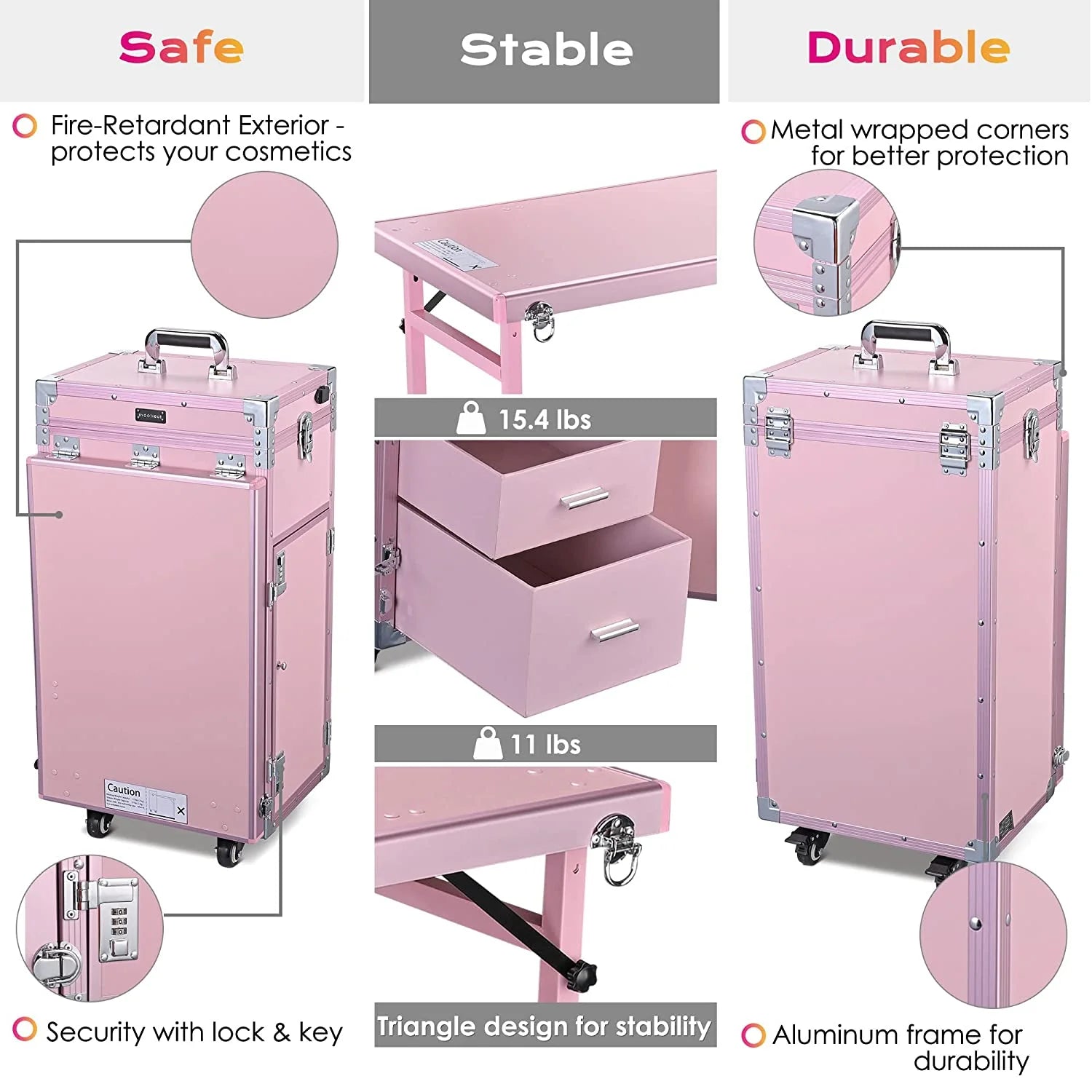 Byootique Portable Nail Desk & Makeup Station with Mirror, 4 Drawers, Bluetooth, USB, Pink