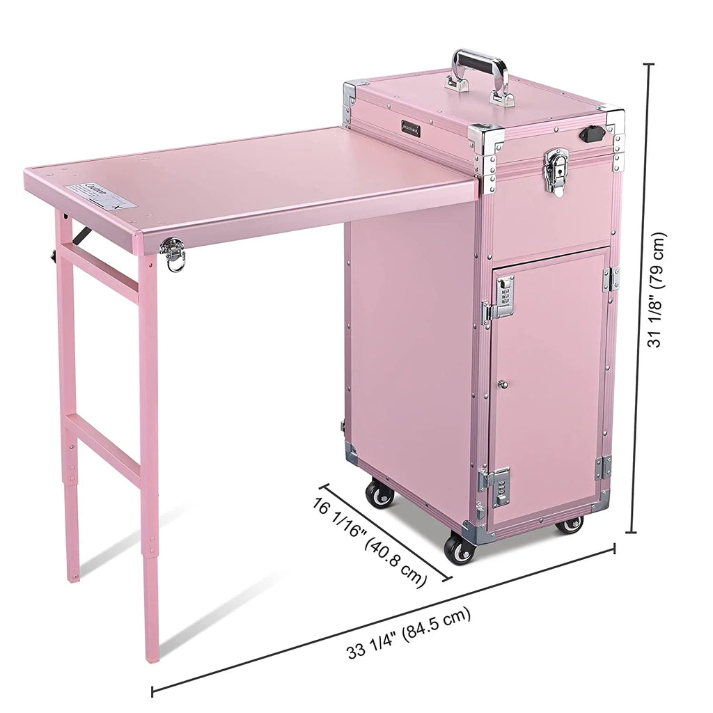 Byootique Portable Nail Desk & Makeup Station with Mirror, 4 Drawers, Bluetooth, USB, Pink