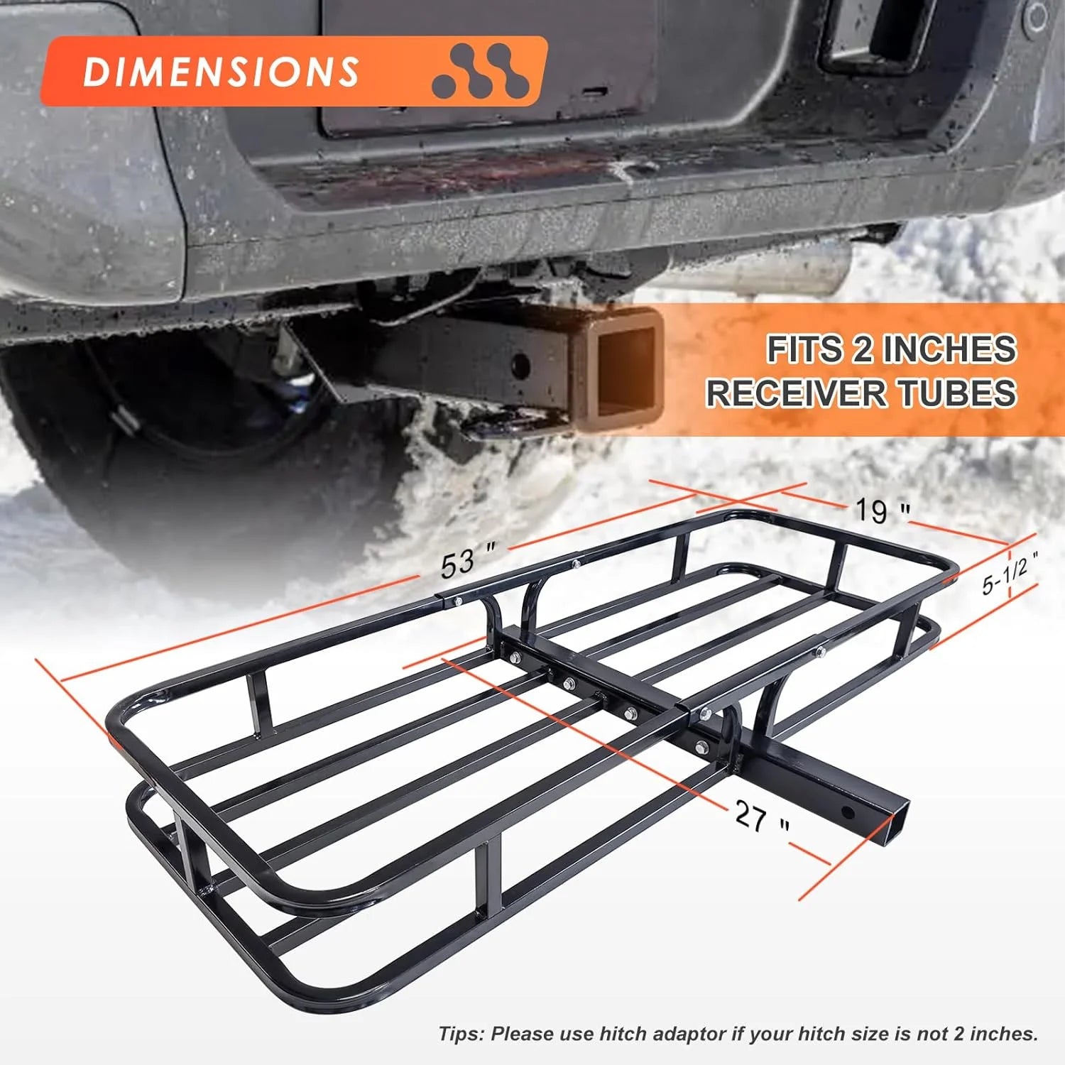 Folding hitch mounted cargo basket 60 With hook stabilizer, net and straps