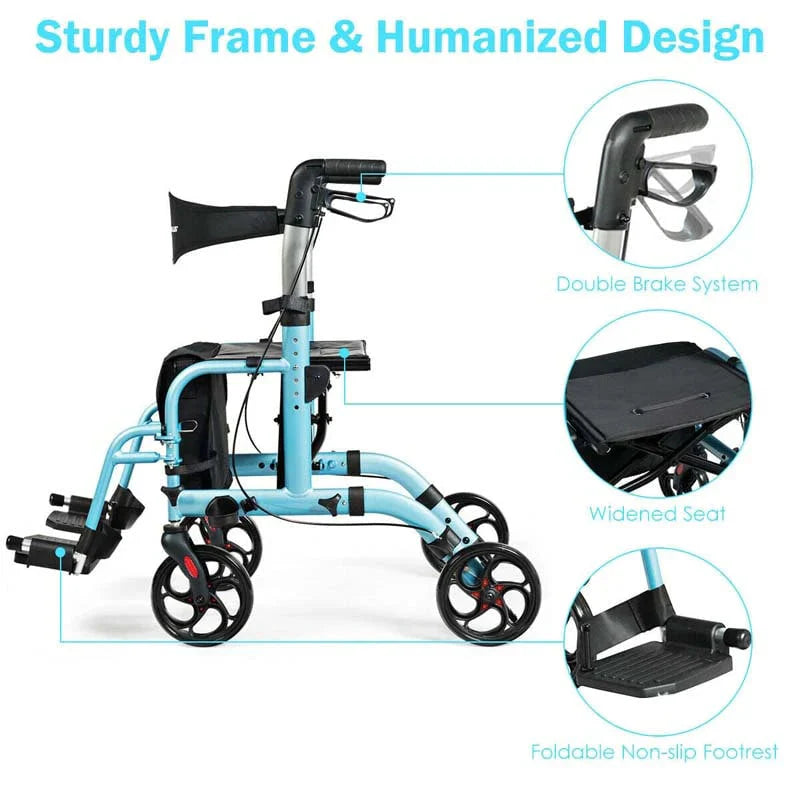 2 In 1 Rollator Walker Wheelchair Folding Medical Walker Aluminum Transport Chair Mobility Walking Aid - Comfortable And Ergonomic Design