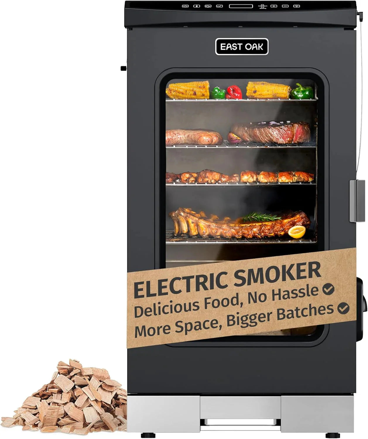 EAST OAK 30 Outdoor Electric Smoker | Built-in meat probe, smokes up to 6 times longer in a single load, side loader for uninterrupted smoking