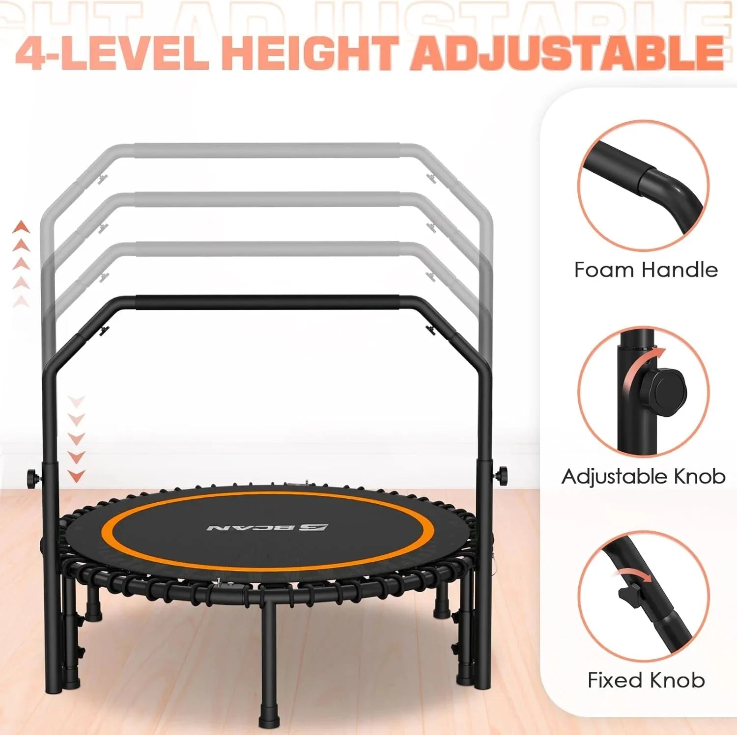 BCAN 450/550 LBS Foldable Mini Trampoline, 40/48 Fitness Trampoline with Bungees, U Shape Adjustable Foam Handle, Stable & Quiet Exercise Rebounder for Adults Indoor/Outdoor Workout