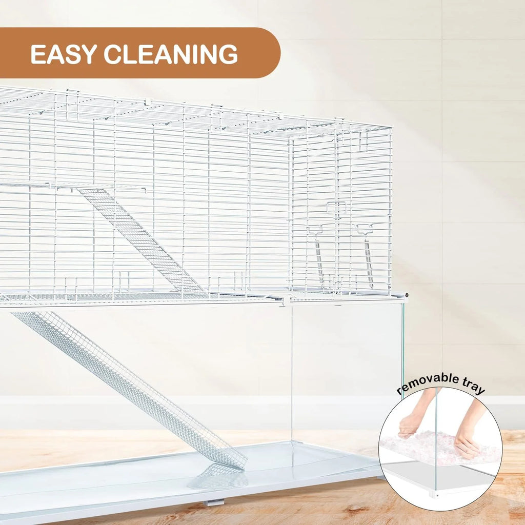 3 Tiers Large Hamster Cages, Glass Hamster Cage Habitat with Openable Wire Topper, Gerbil Cage with Two Ladders Ramps and Removeable Waterproof PVC Tray, Easy to Clean