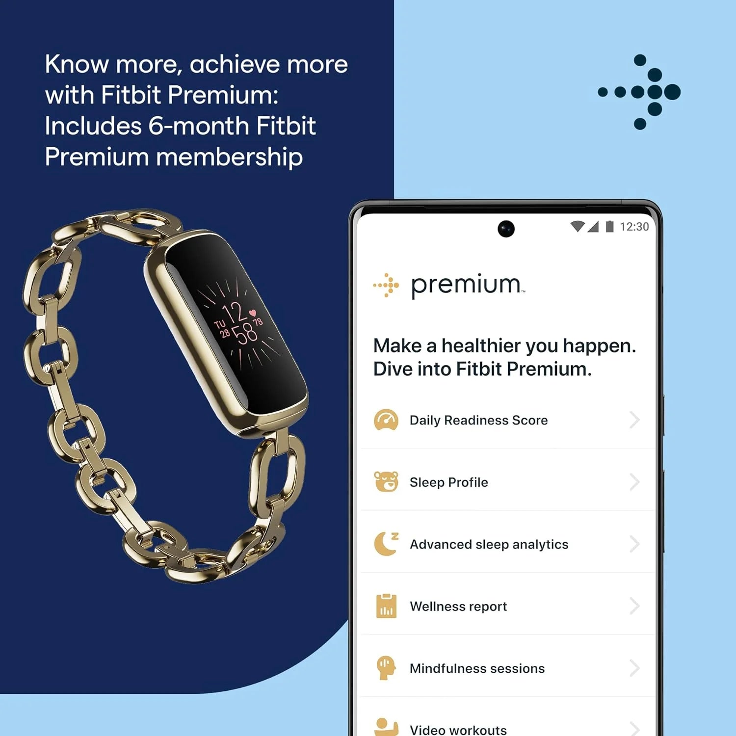 Fitness and Wellness-Tracker with Stress Management, Sleep-Tracking and 24/7 Heart Rate, One Size S L Bands Included, Lunar White/Soft Gold Stainless Steel, 1 Count