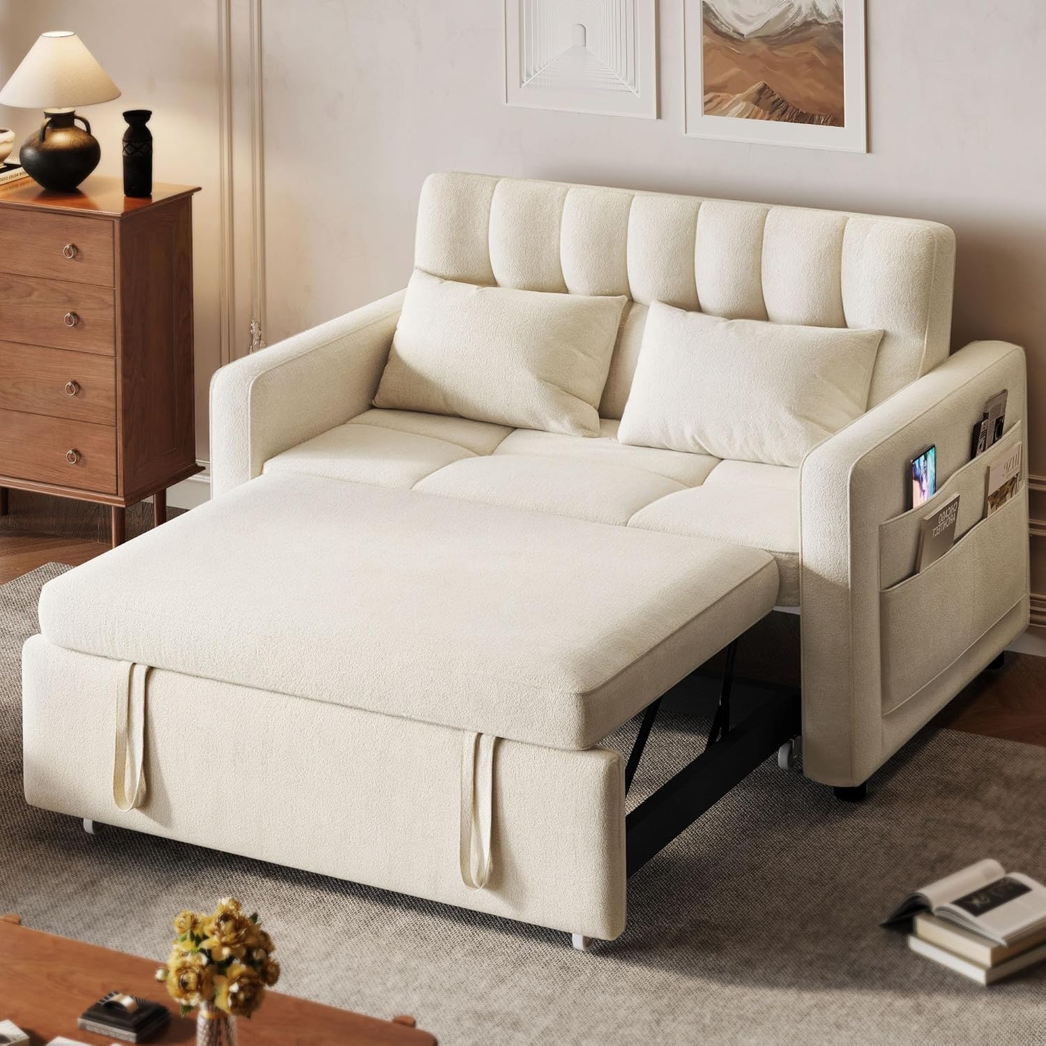 DWVO 3-in-1 Convertible Sofa Bed, 55 Sleeper Sofa with Pull-Out Bed, Cat-Scratch-Proof Fabric Futon Couch with Adjustable Backrest and Side Pocket, Loveseat for Living Room Apartment, Grey