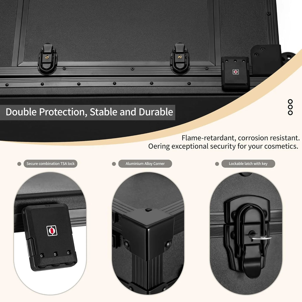 Rolling Manicure Table with Drawers, Bluetooth Speaker, LED Mirror, TSA Lock