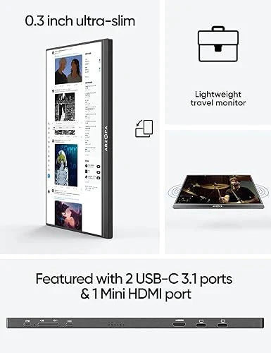 ARZOPA Portable Monitor, 15.6'' 1080P FHD Laptop Monitor USB C HDMI Computer Display HDR Eye Care