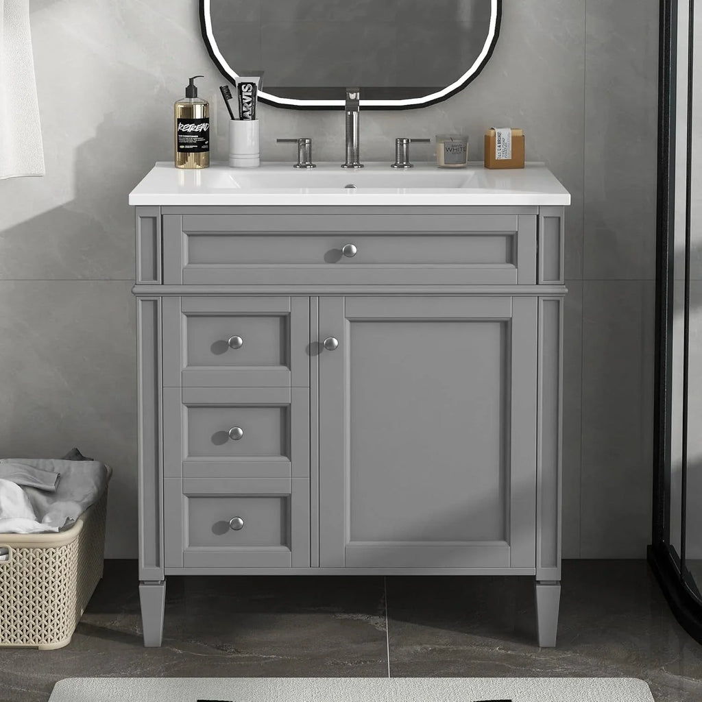 36 Bathroom Vanity with Single Sink Combo, Modern Undermount Bathroom Sink Cabinet with 2 Drawers and a Tip-Out Drawer, Freestanding Bathroom Vanities, Soft Closing, Solid Wood Frame