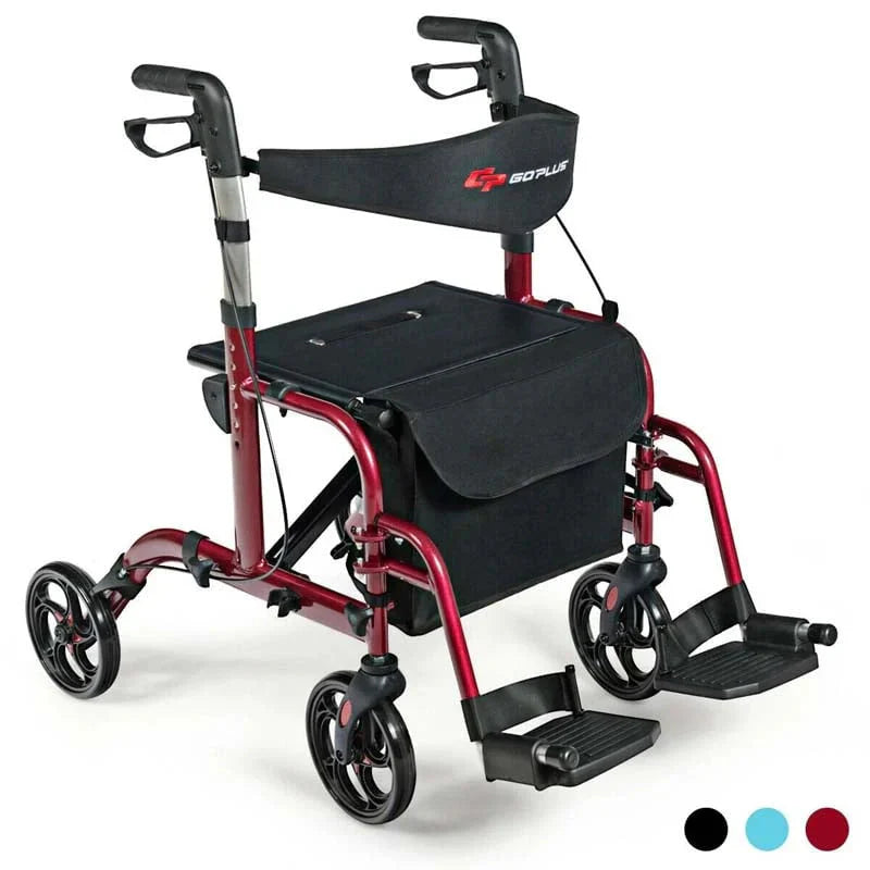 2 In 1 Rollator Walker Wheelchair Folding Medical Walker Aluminum Transport Chair Mobility Walking Aid - Comfortable And Ergonomic Design