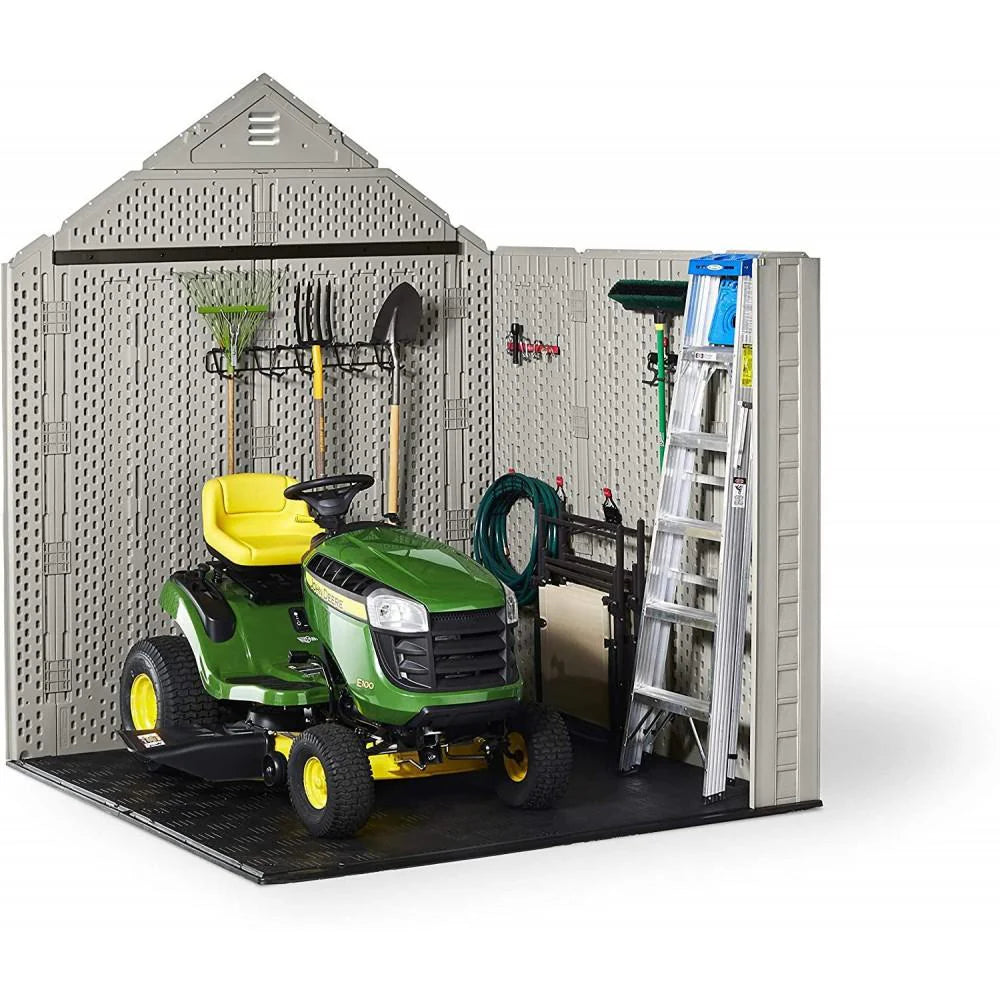 7×7 Ft Durable Weather Resistant Resin Outdoor Garden Storage Shed with Windows and Utility Hooks, Sand