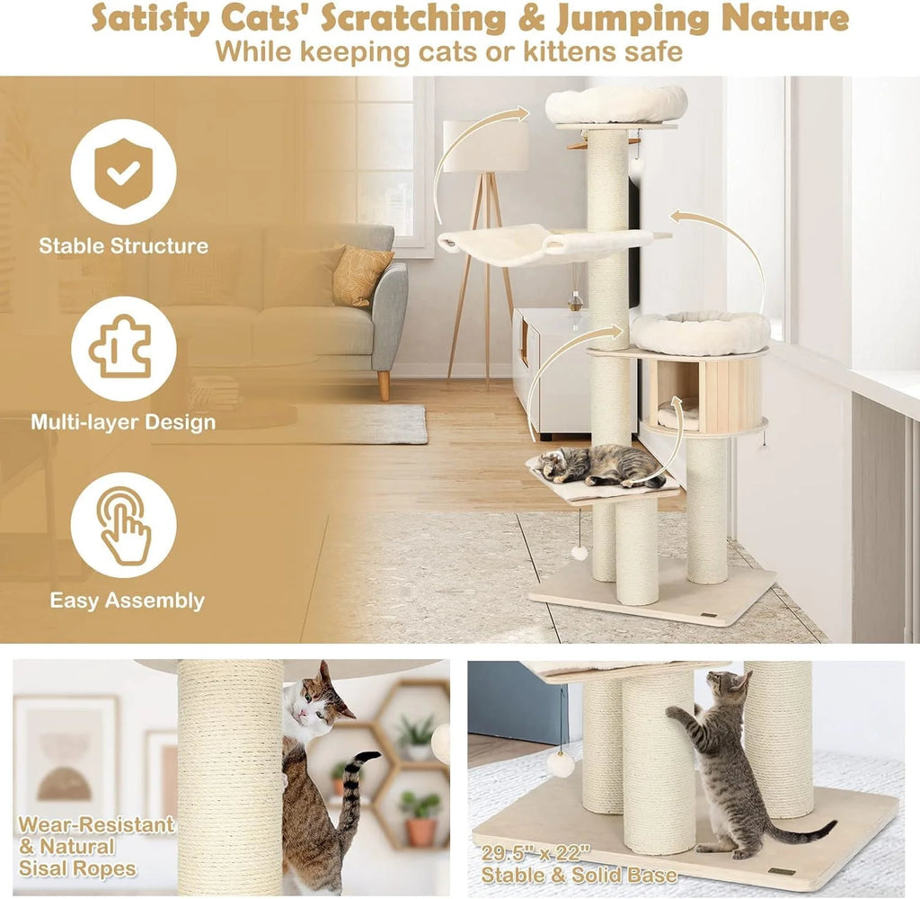 Large cat tree, multi-level tower with sisal posts, hammock, hanging basket and removable washable mats, perfect for large cats