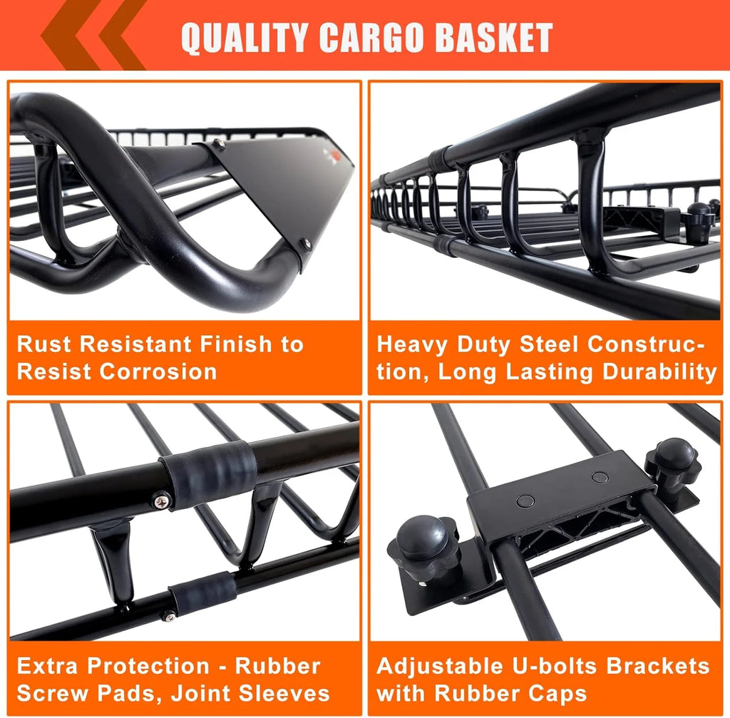 Folding hitch mounted cargo basket 60 With hook stabilizer, net and straps