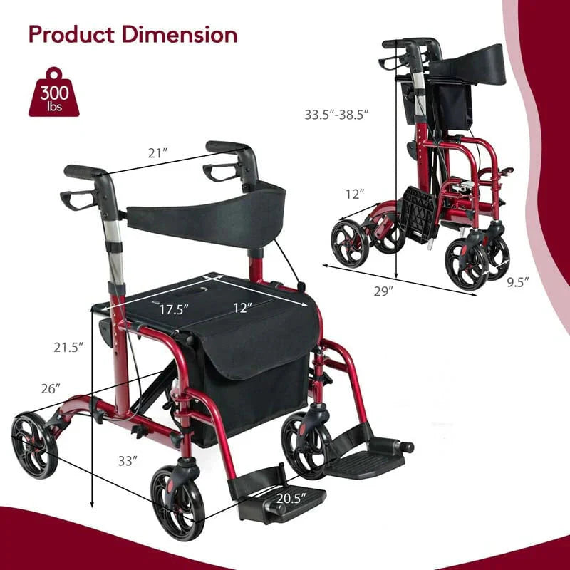 2 In 1 Rollator Walker Wheelchair Folding Medical Walker Aluminum Transport Chair Mobility Walking Aid - Comfortable And Ergonomic Design