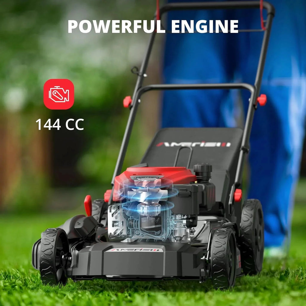21 Steel Deck Gas Lawn Mower, Heavy-Duty 3-in-1 Push Mower, 144cc 4-Stroke Engine, 6-Position Height Adjustment, Large 1.4 Bushel Grass Catcher, Durable & Efficient for Yard & Garden